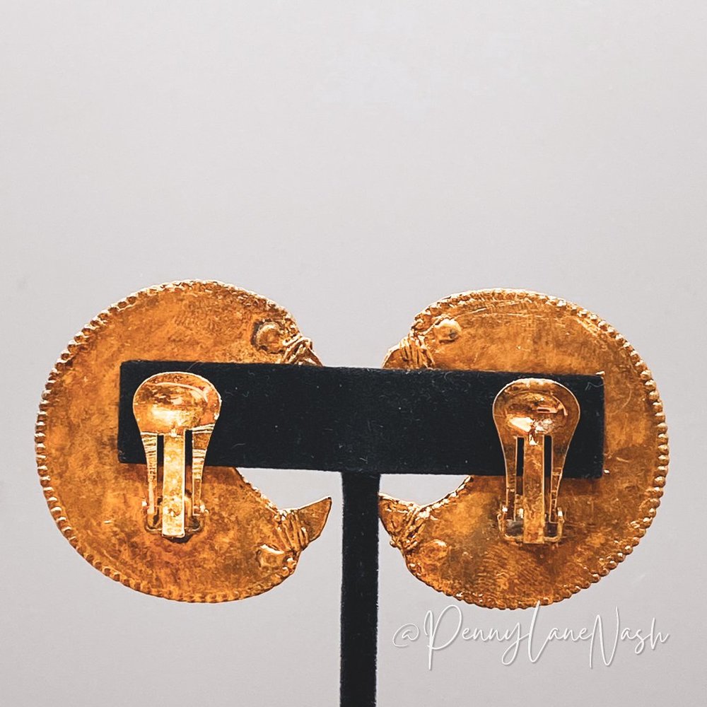 Vintage Gold Tribal Moon Plate Large Drop Earrings - Picture 5 of 6